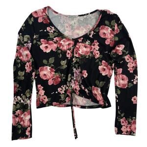 Charlotte Russe XL Floral Ruched Front Long Sleeve V-Neck Crop Top Black Pink